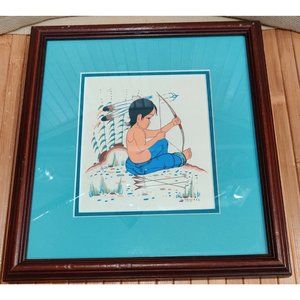 Vtg Navajo Art Print Native Boy Working With His Bow & Arrows Beatien Yazz Rare